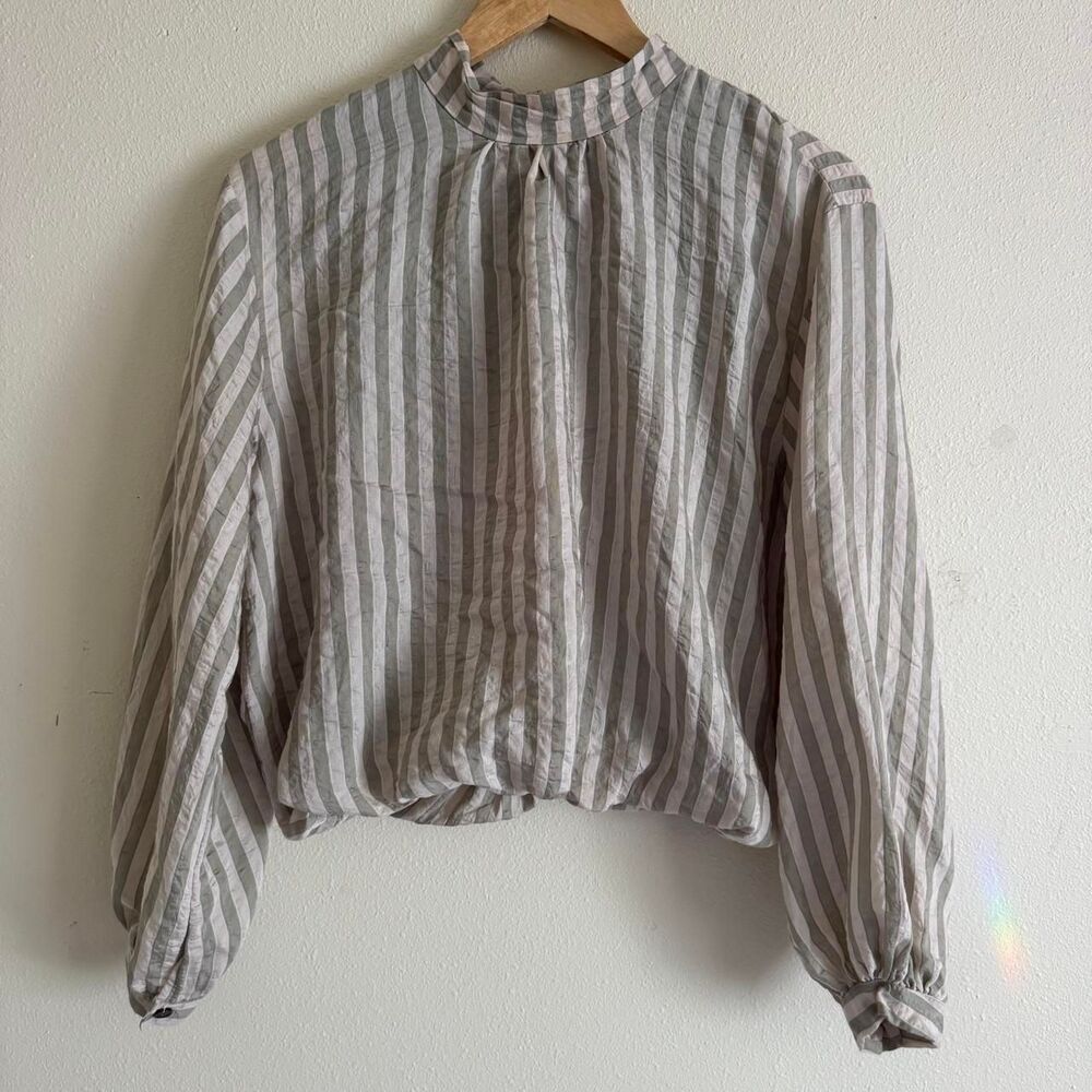 New Collection Italy Striped High Tie Neck Balloon Sleeve Romantic Blouse